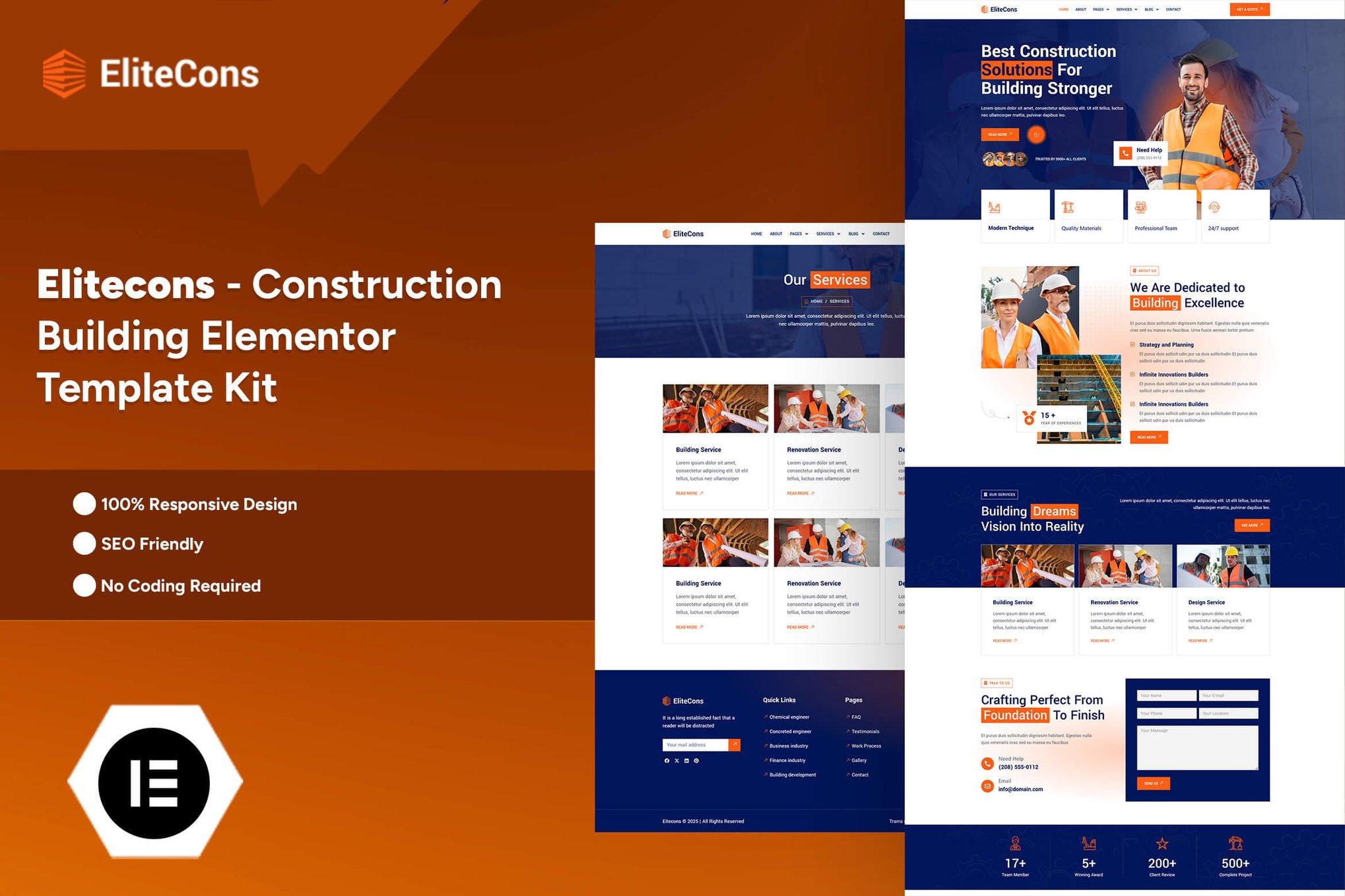 Elitecons - Construction Building Elementor Pro Template Kit By starplate